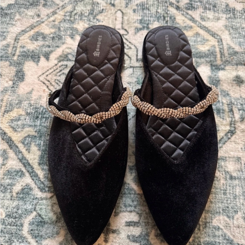 Birdies Black Mules with Rhinestone Strap